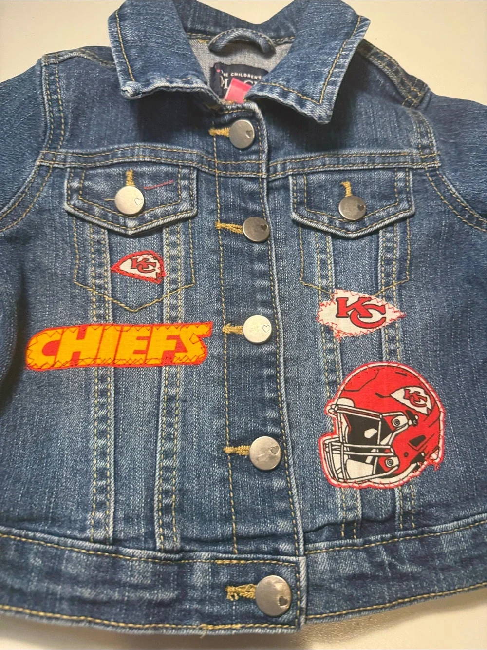 The Children's Place Blue Denim Jacket with Kansas City Chiefs Appliqué